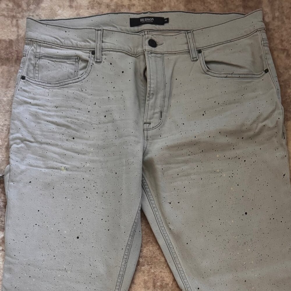 NWT Hudson Jeans Super Light Grey Zack Skinny Jeans w/ Black & White Spatter, 36